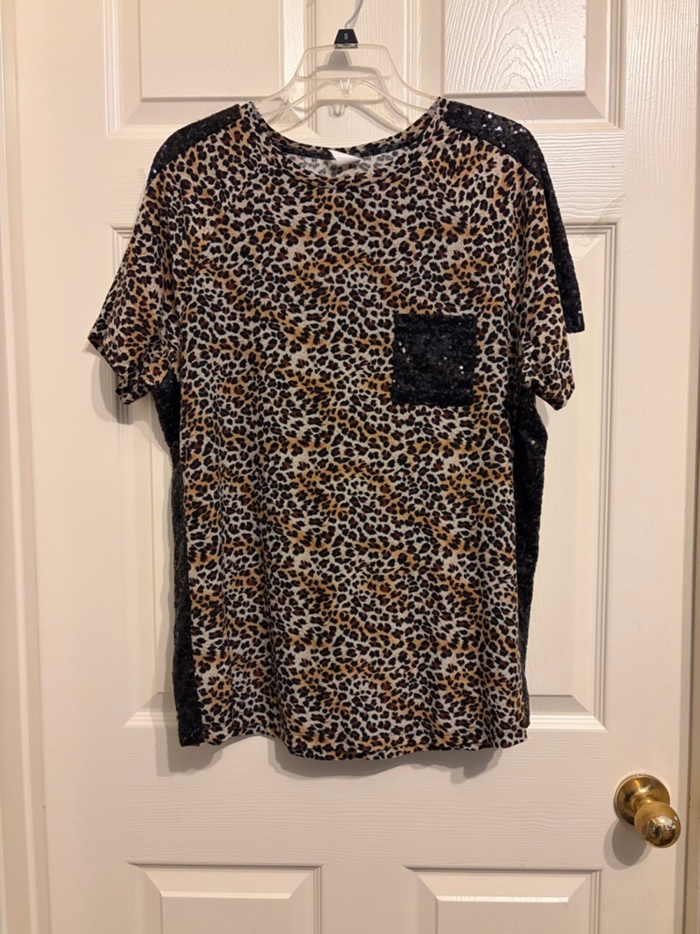 Leopard Print Short Sleeve Blouse with Sequin Pocket - Black/Tan